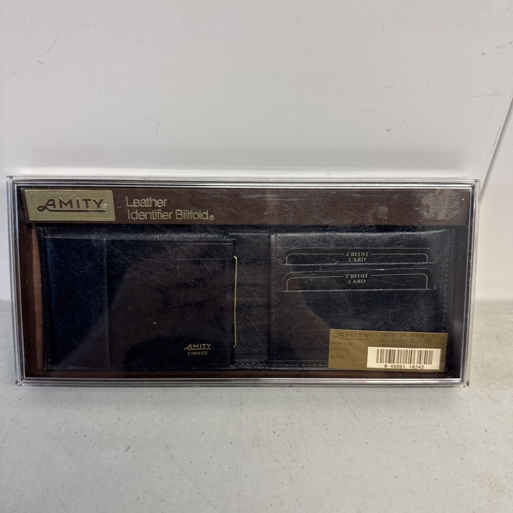 NIB Vintage Amity Wrangler Bi-fold Leather Identifier Billfold Wallet Black Mens